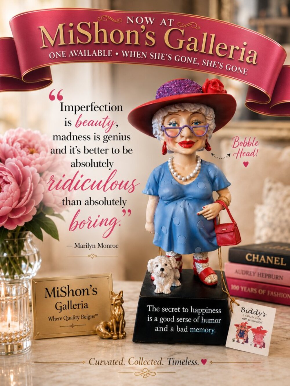Biddys Bobblehead The Secret To Happiness Is A Good Sense Of Humor Figurine Gift